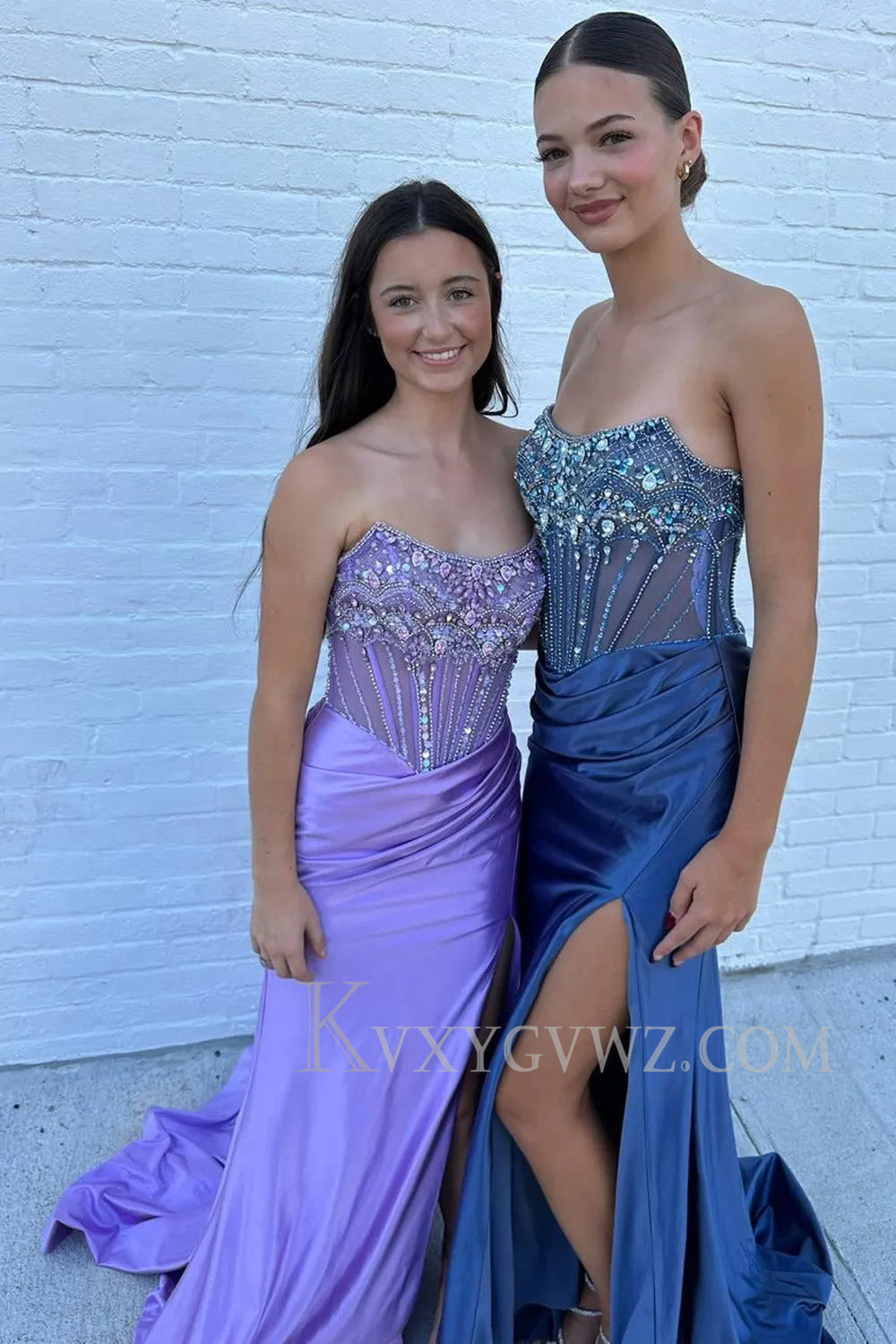 Sparkly Grey Blue Strapless Corset Long Prom Dress with Slit LF169