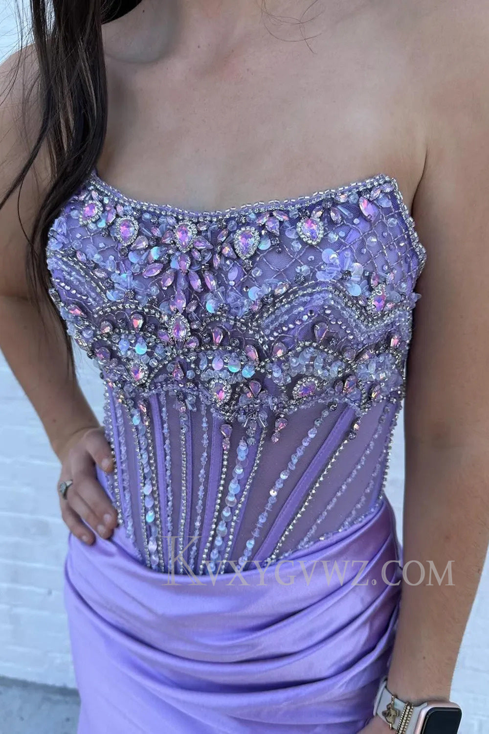 Sparkly Grey Blue Strapless Corset Long Prom Dress with Slit LF169