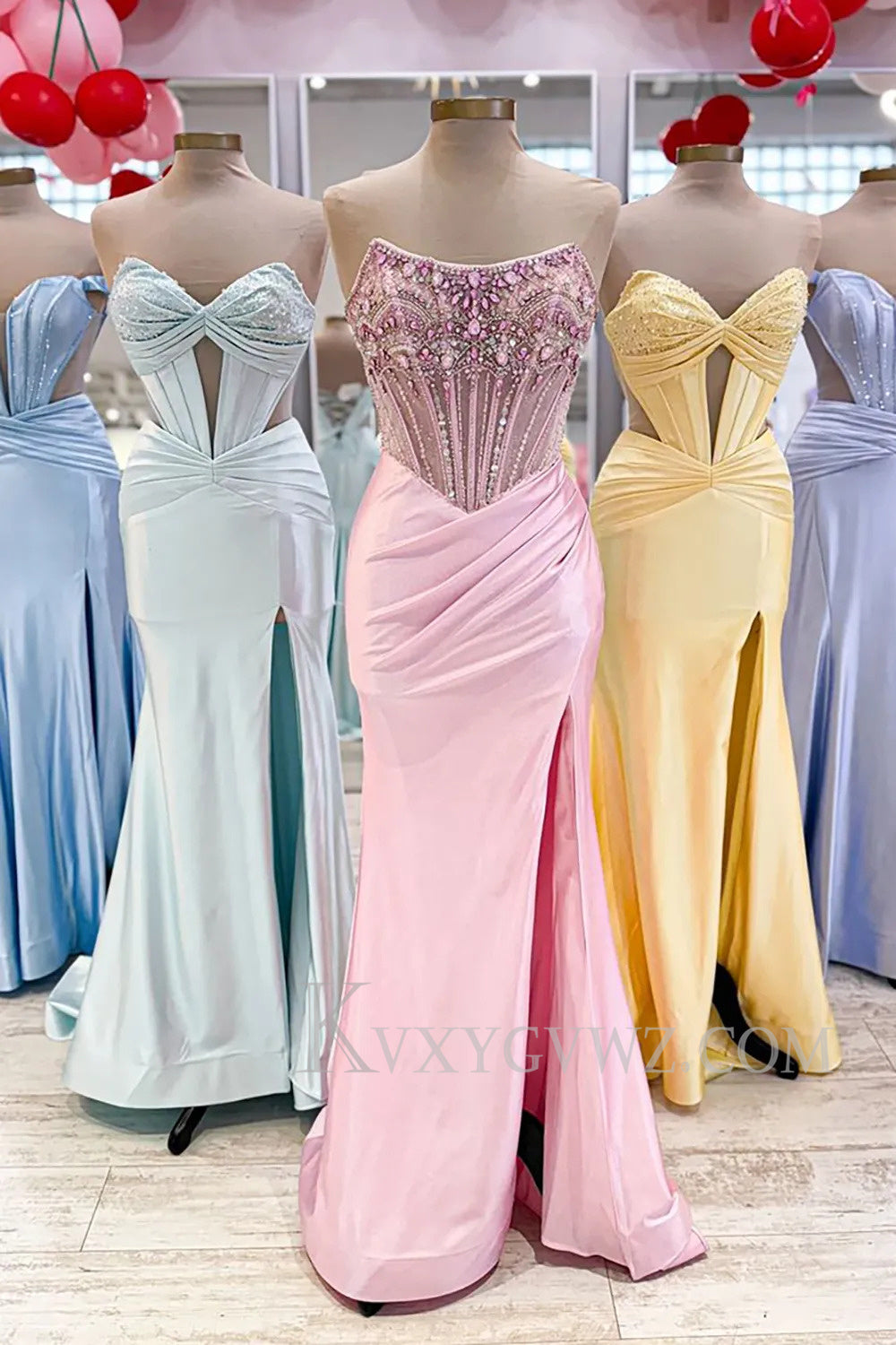 Sparkly Grey Blue Strapless Corset Long Prom Dress with Slit LF169