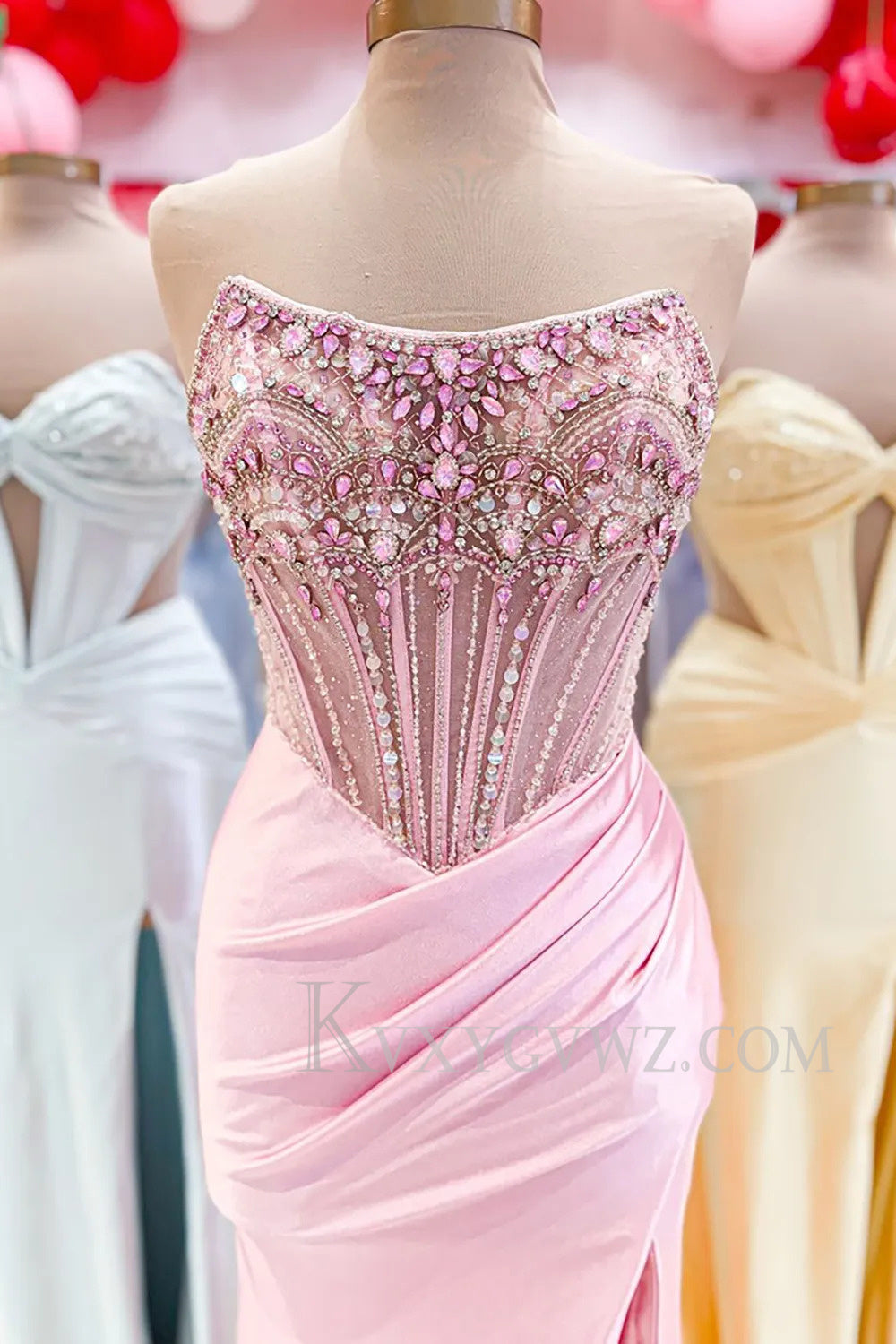 Sparkly Grey Blue Strapless Corset Long Prom Dress with Slit LF169