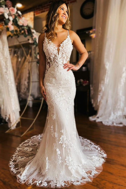 Elegant Mermaid V Neck Lace Wedding Dresses/Gowns HS24012001