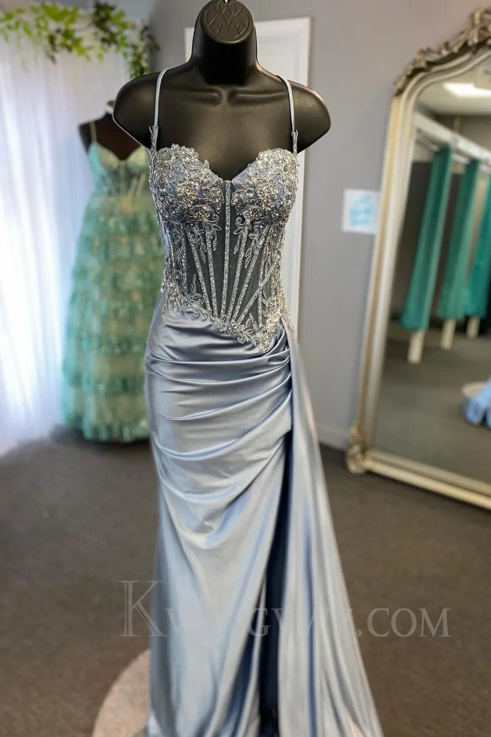 Sparkly Green Corset Sequins Long Prom Dress With Slit LF017