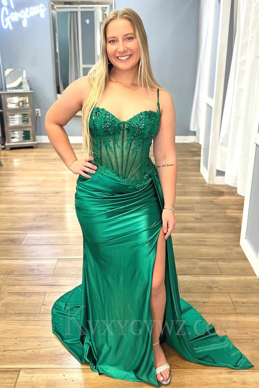 Sparkly Green Corset Sequins Long Prom Dress With Slit LF017
