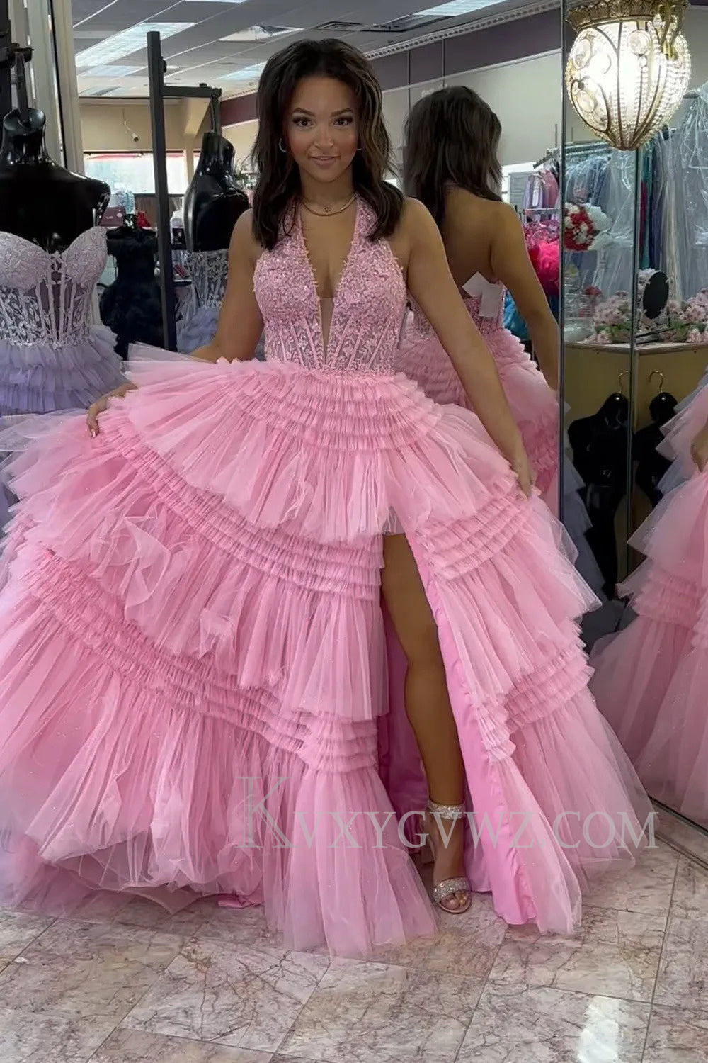 A-Line Royal Blue Halter Neck Corset Tulle Long Prom Dress with Appliques LF170