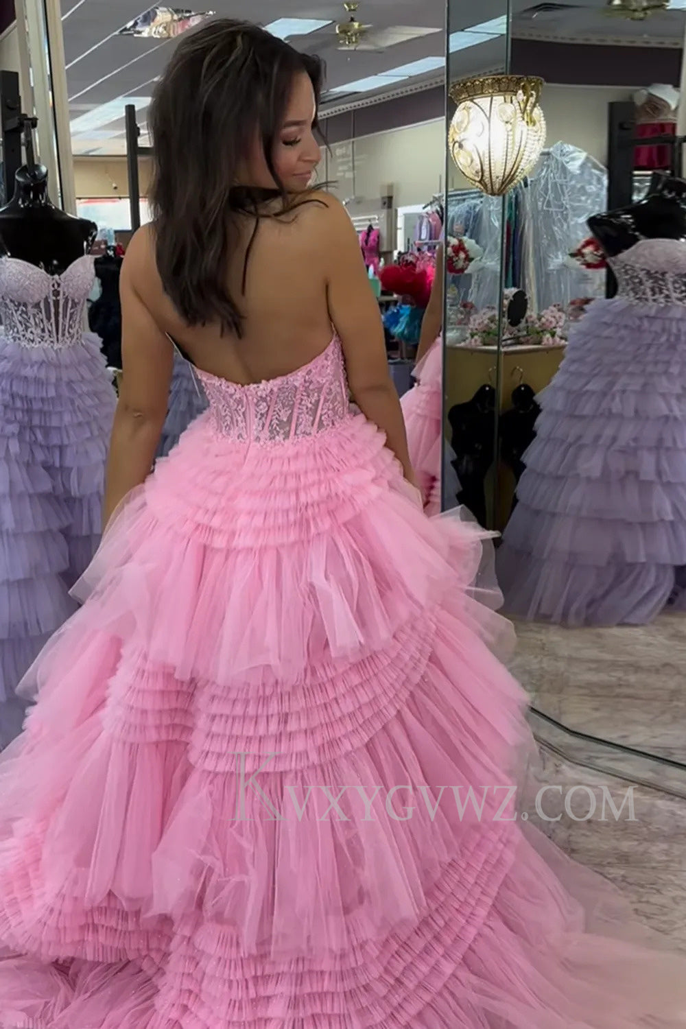 A-Line Royal Blue Halter Neck Corset Tulle Long Prom Dress with Appliques LF170
