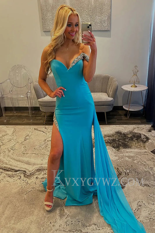 Blue Off The Shoulder Mermaid Long Prom Dress with Side Cape LF171