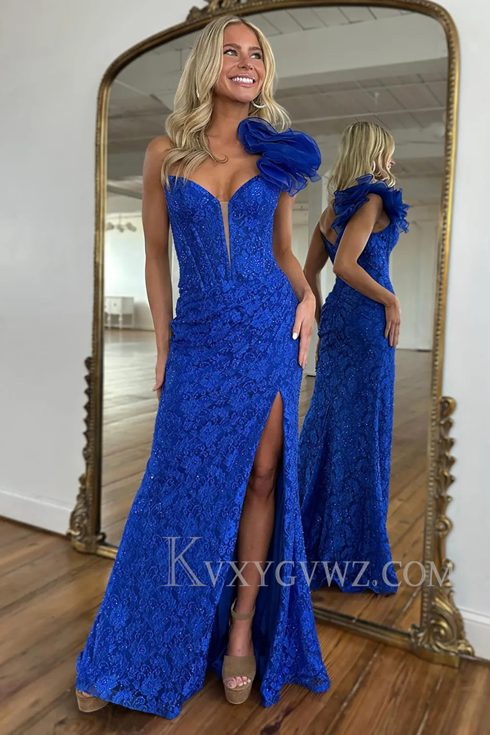 Floral Royal Blue One Shoulder Corset Prom Dress with Slit LF174