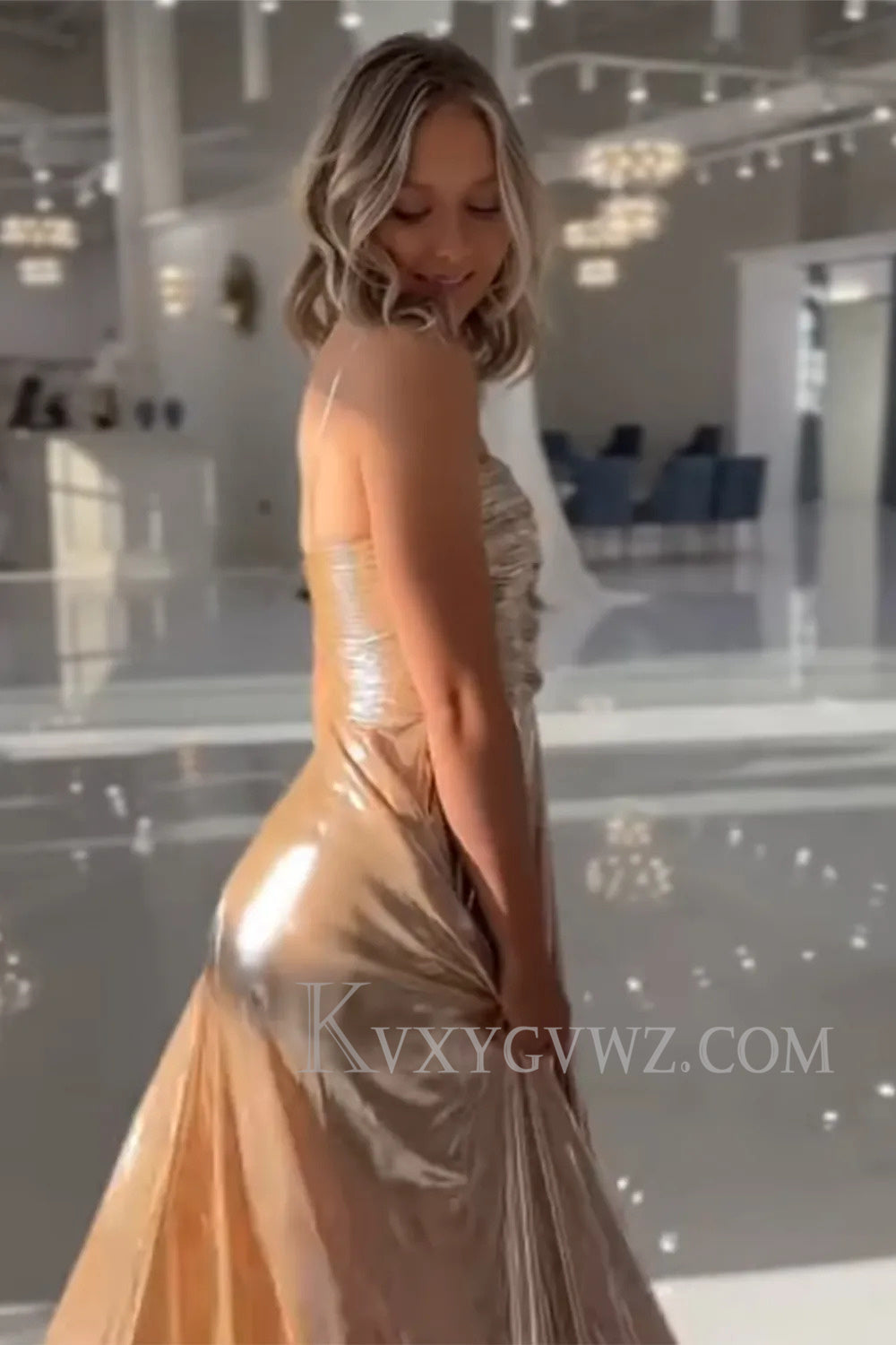 Sparkly Metallic Gold A Line Spaghetti Straps Prom Dress with Slit LF175