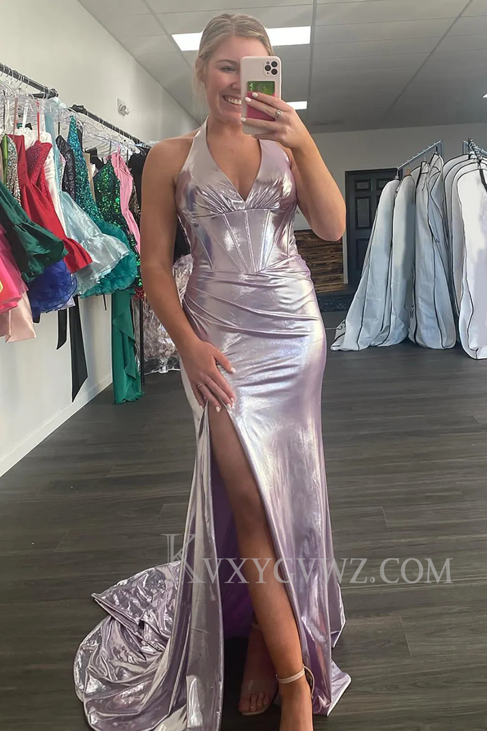 Sparkly Light Pink Metallic Corset Long Prom Dress with Slit LF177