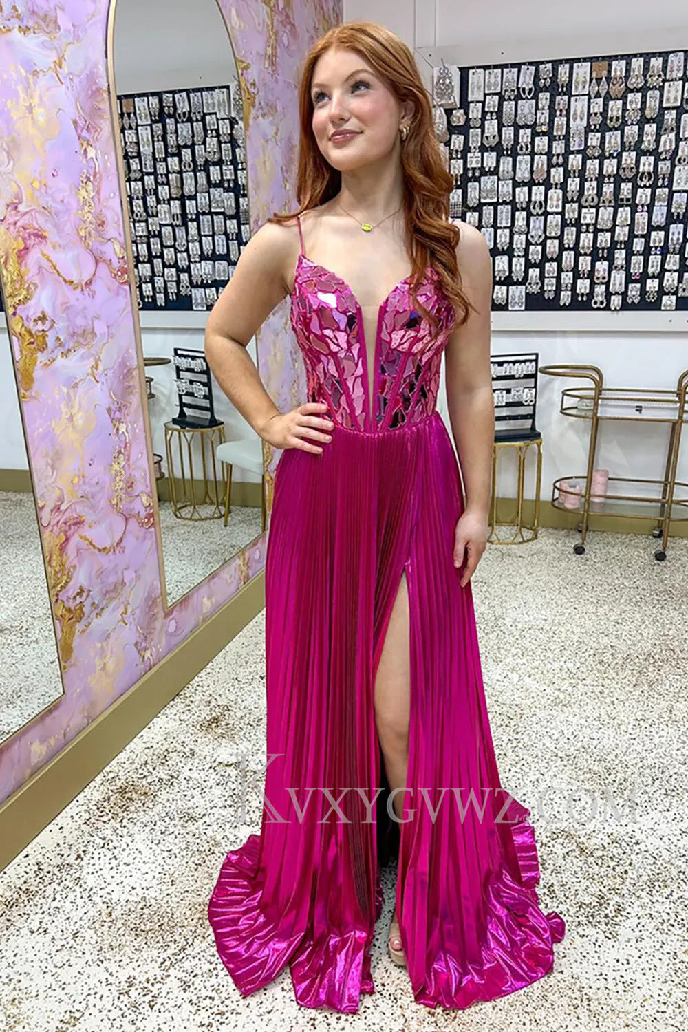 Sparkly Fuchsia A Line Pleated Mirror Long Prom Dress with Slit LF178