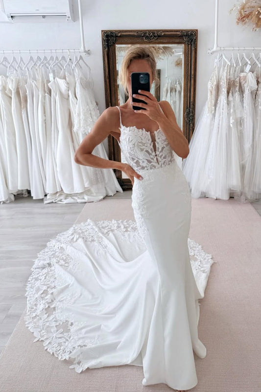 Bohemian Mermaid V Neck Satin Long Wedding Dresses Gown with Appliques HS826