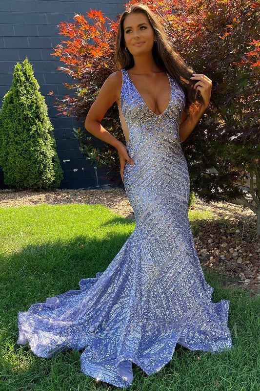 Light Purple Deep V Neck Sequin Mermaid Prom Dress LF018