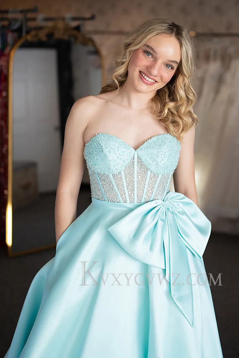 Sparkly Light Green Corset Sweetheart Long Prom Dress with Pocket LF180