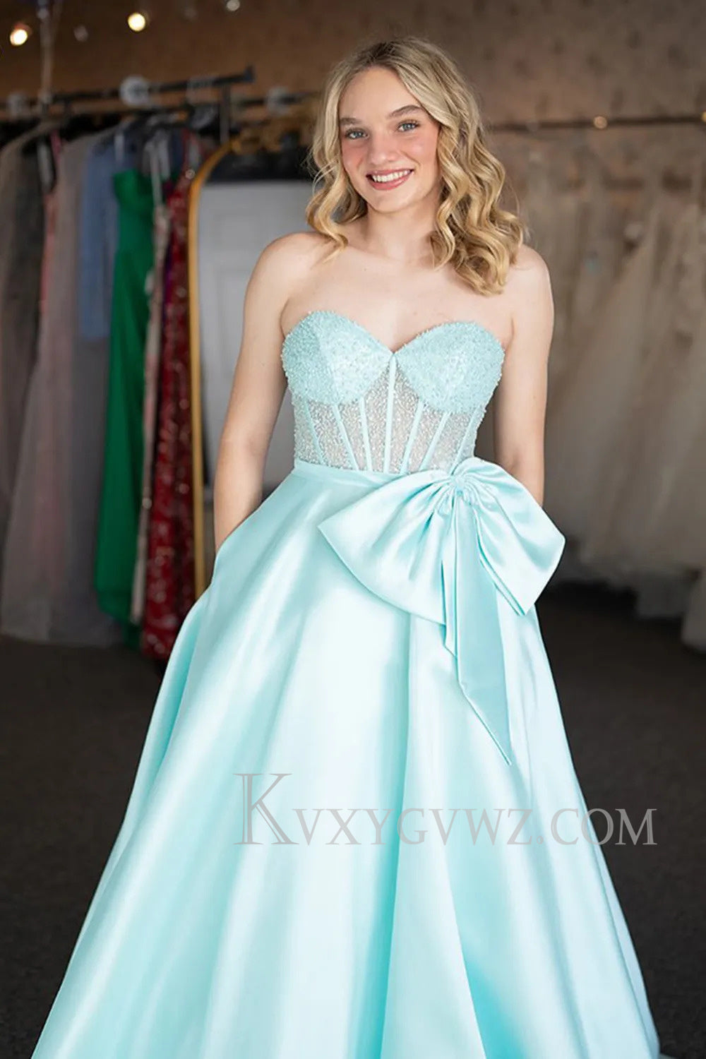 Sparkly Light Green Corset Sweetheart Long Prom Dress with Pocket LF180