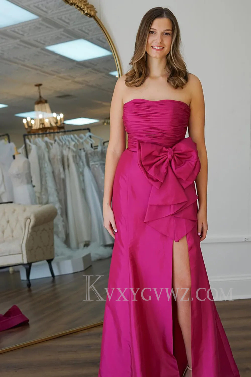Sparkly Fuchsia A Line Strapless Long Prom Dress with Slit LF181