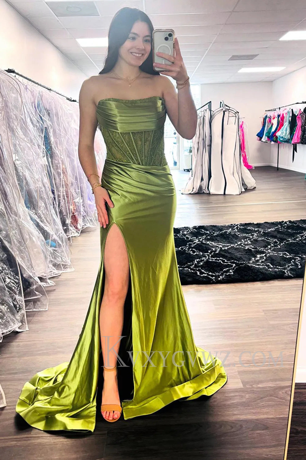 Sparkly Olive Satin Corset Strapless Long Prom Dress with Slit LF182