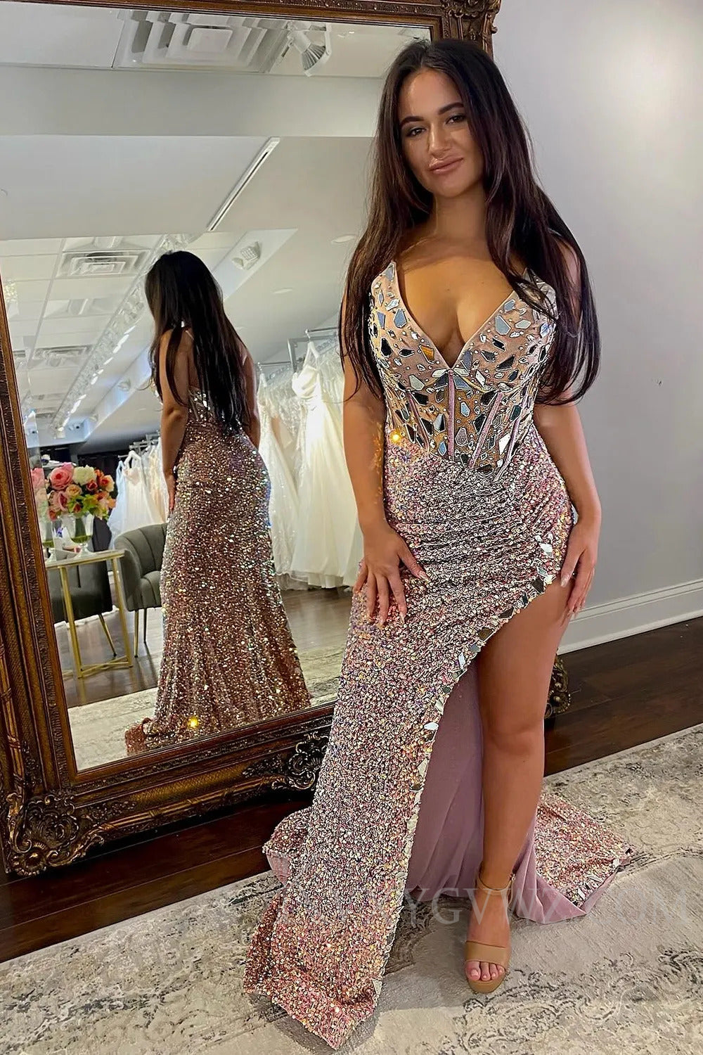 Sparkly Black Mermaid Mirror Long Beaded Prom Dress with Slit LF186
