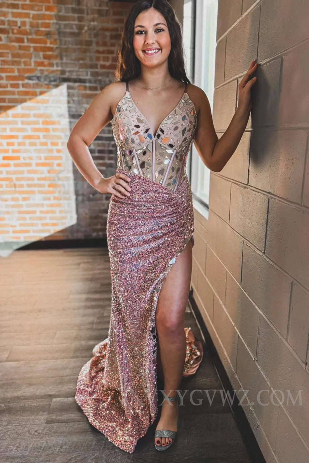 Sparkly Black Mermaid Mirror Long Beaded Prom Dress with Slit LF186