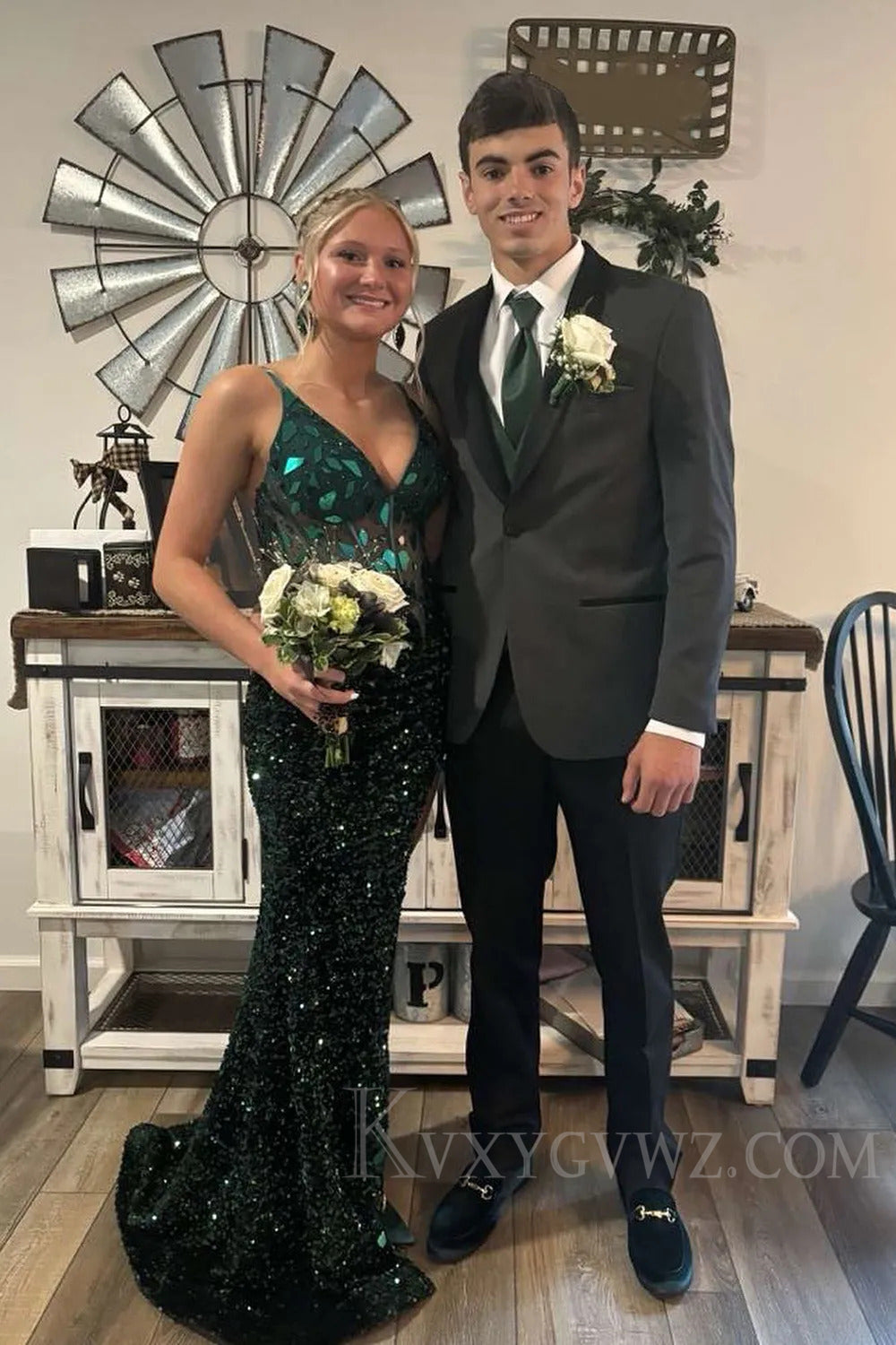 Sparkly Black Mermaid Mirror Long Beaded Prom Dress with Slit LF186