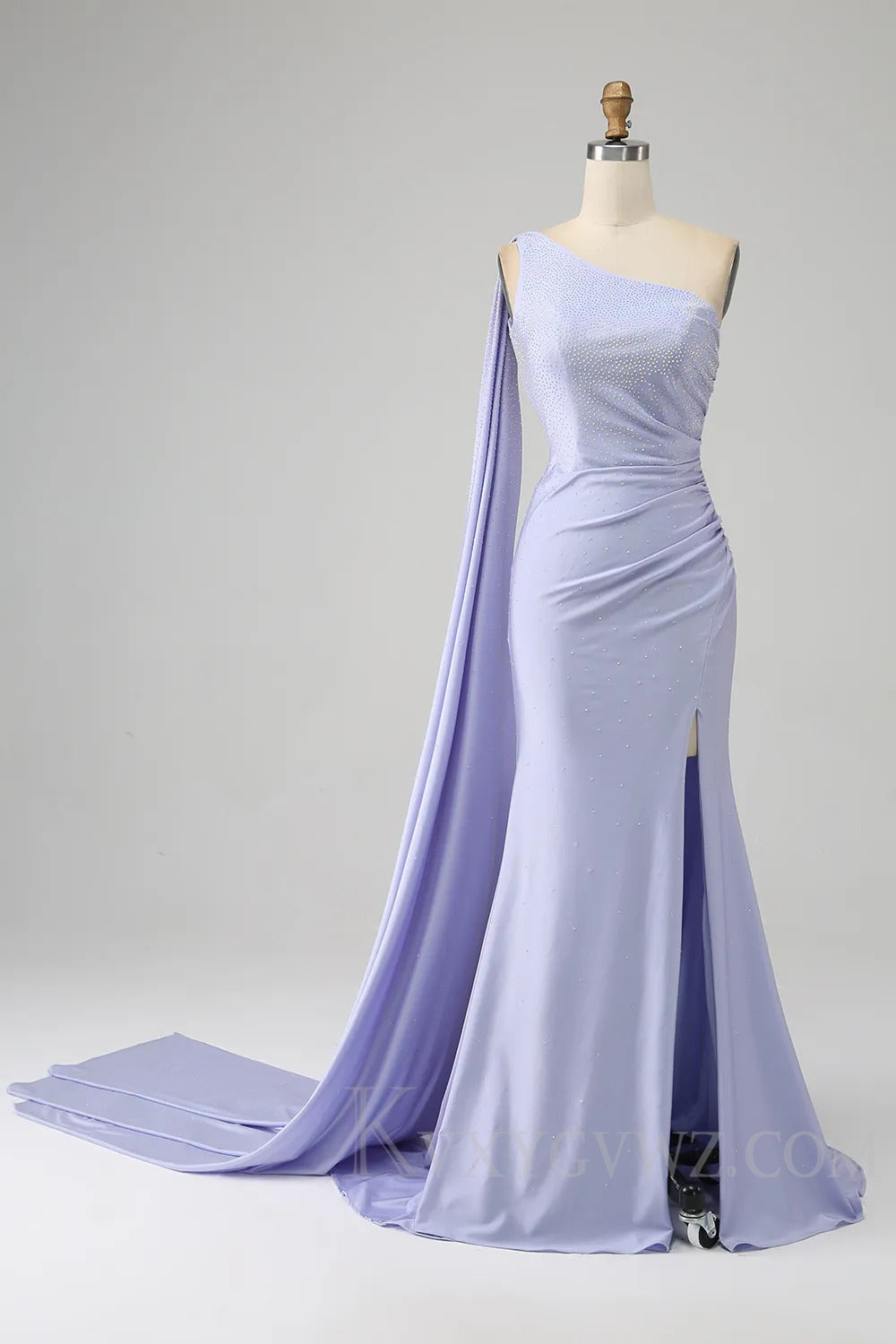 Sparkly Lilac One Shoulder Watteau Train Long Prom Dress with Slit LF187