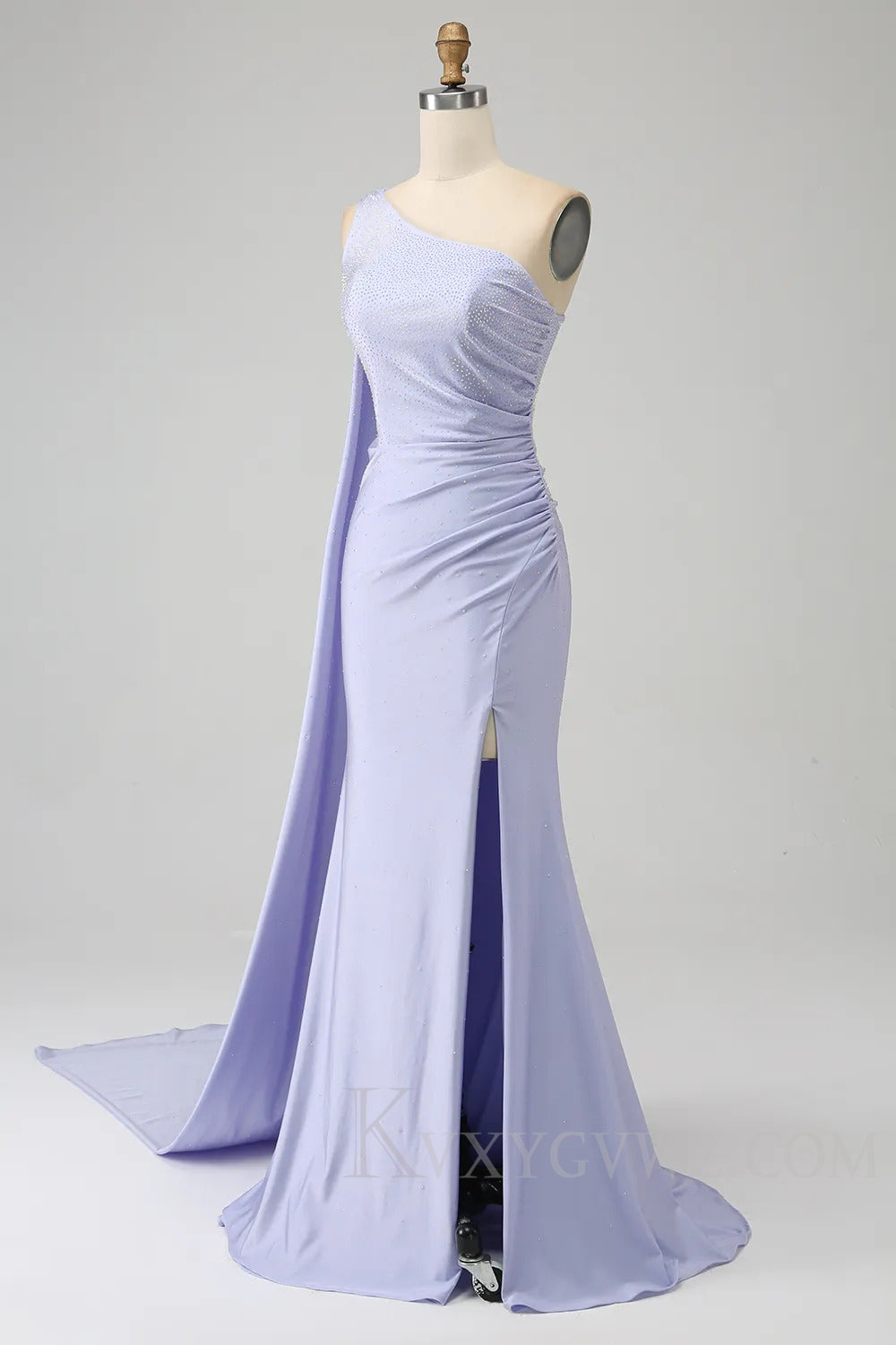 Sparkly Lilac One Shoulder Watteau Train Long Prom Dress with Slit LF187