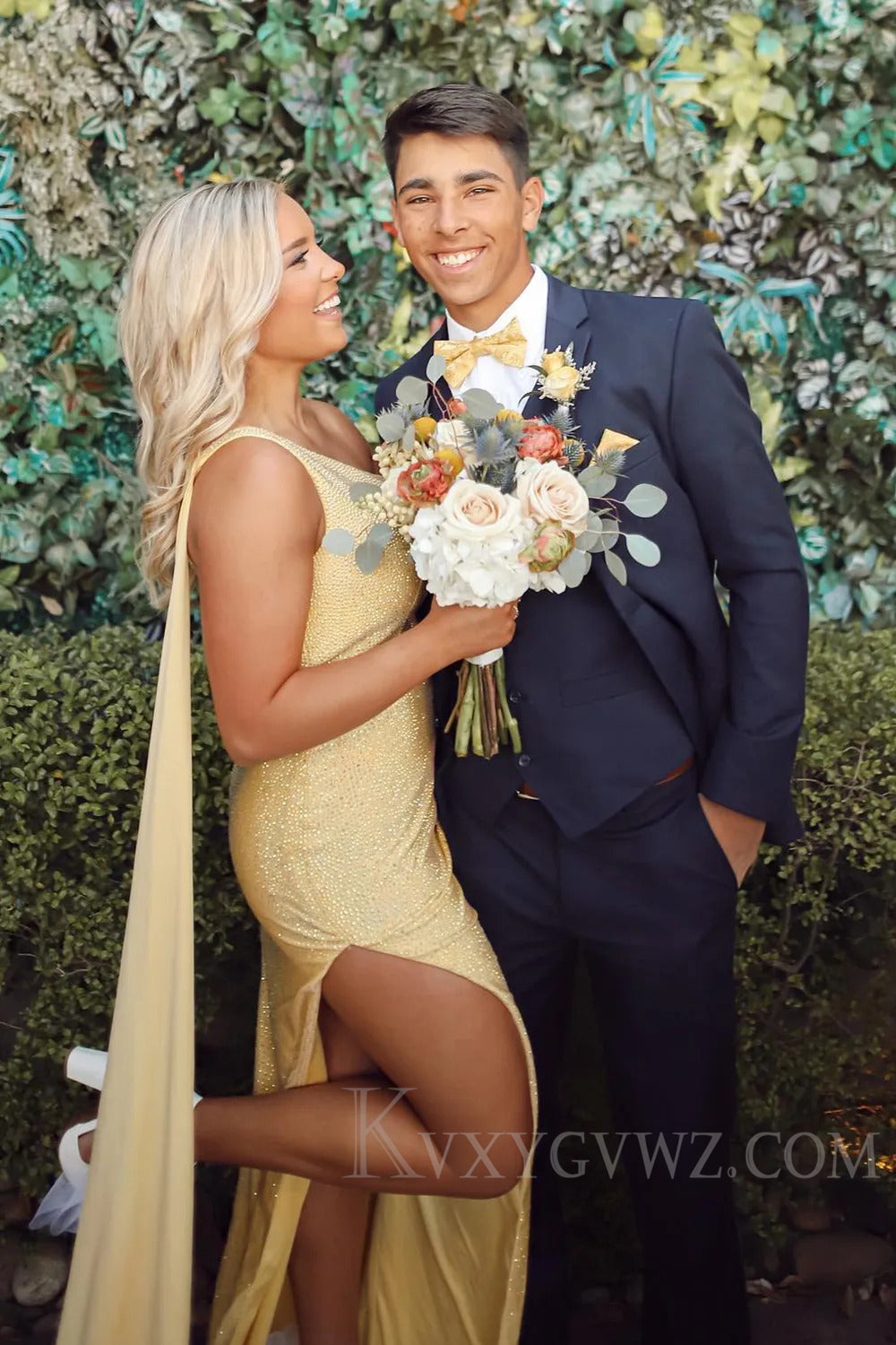 Sparkly Lilac One Shoulder Watteau Train Long Prom Dress with Slit LF187