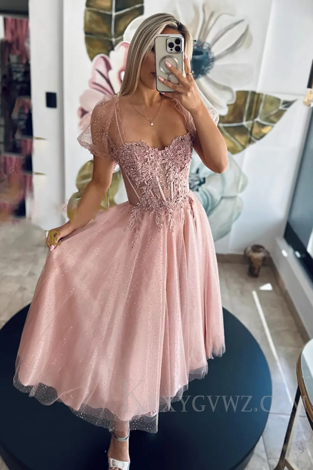 Glitter White Tulle Corset A Line Long Homecoming Dress with Lace LF188