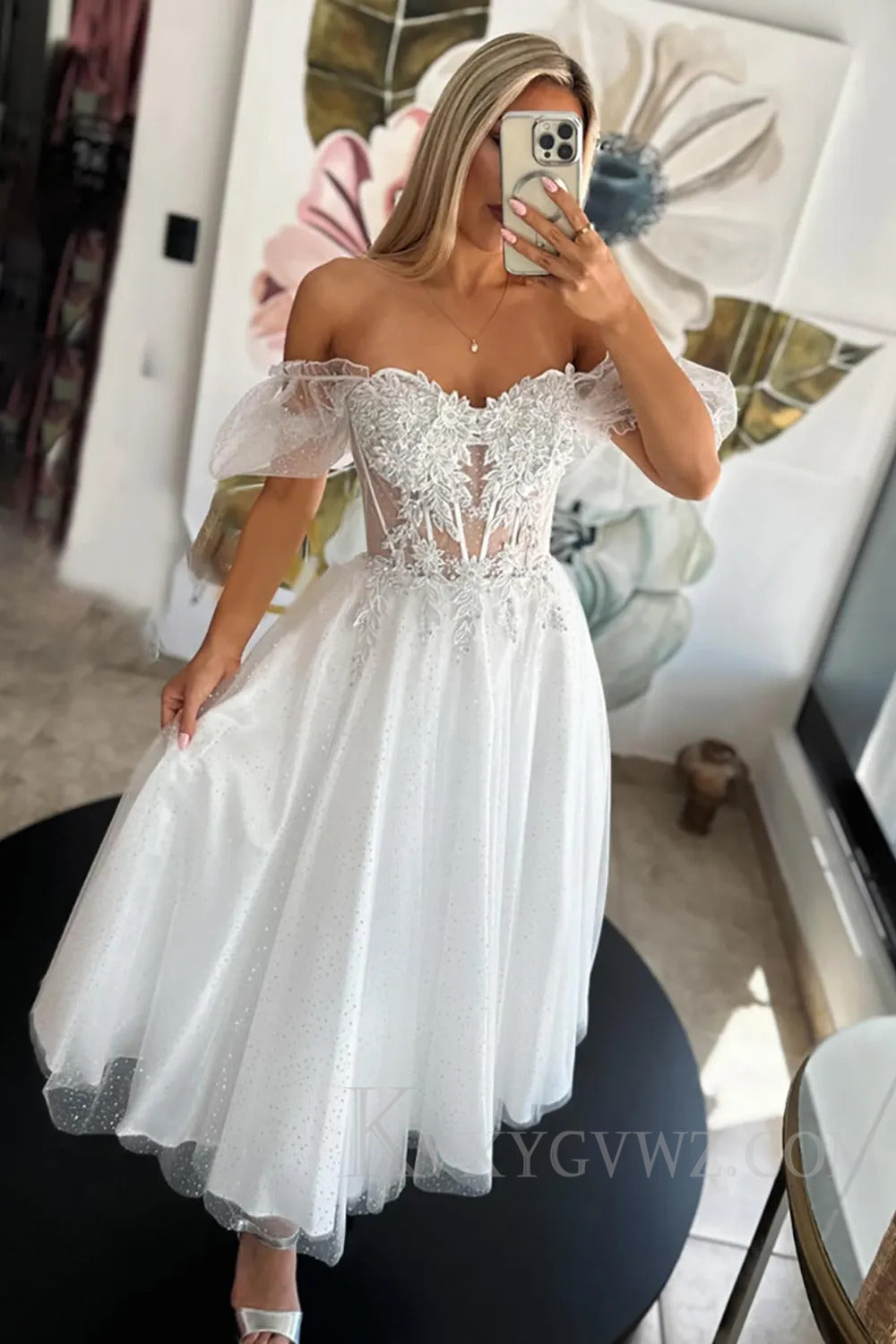 Glitter White Tulle Corset A Line Long Homecoming Dress with Lace LF188