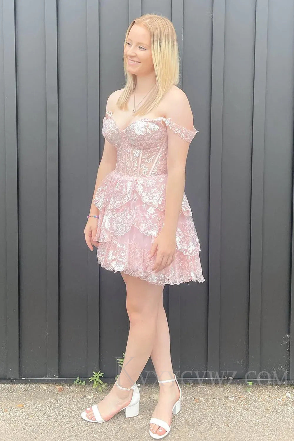 Sparkly Lilac A Line Tiered Lace Short Homecoming Prom Dress LF189