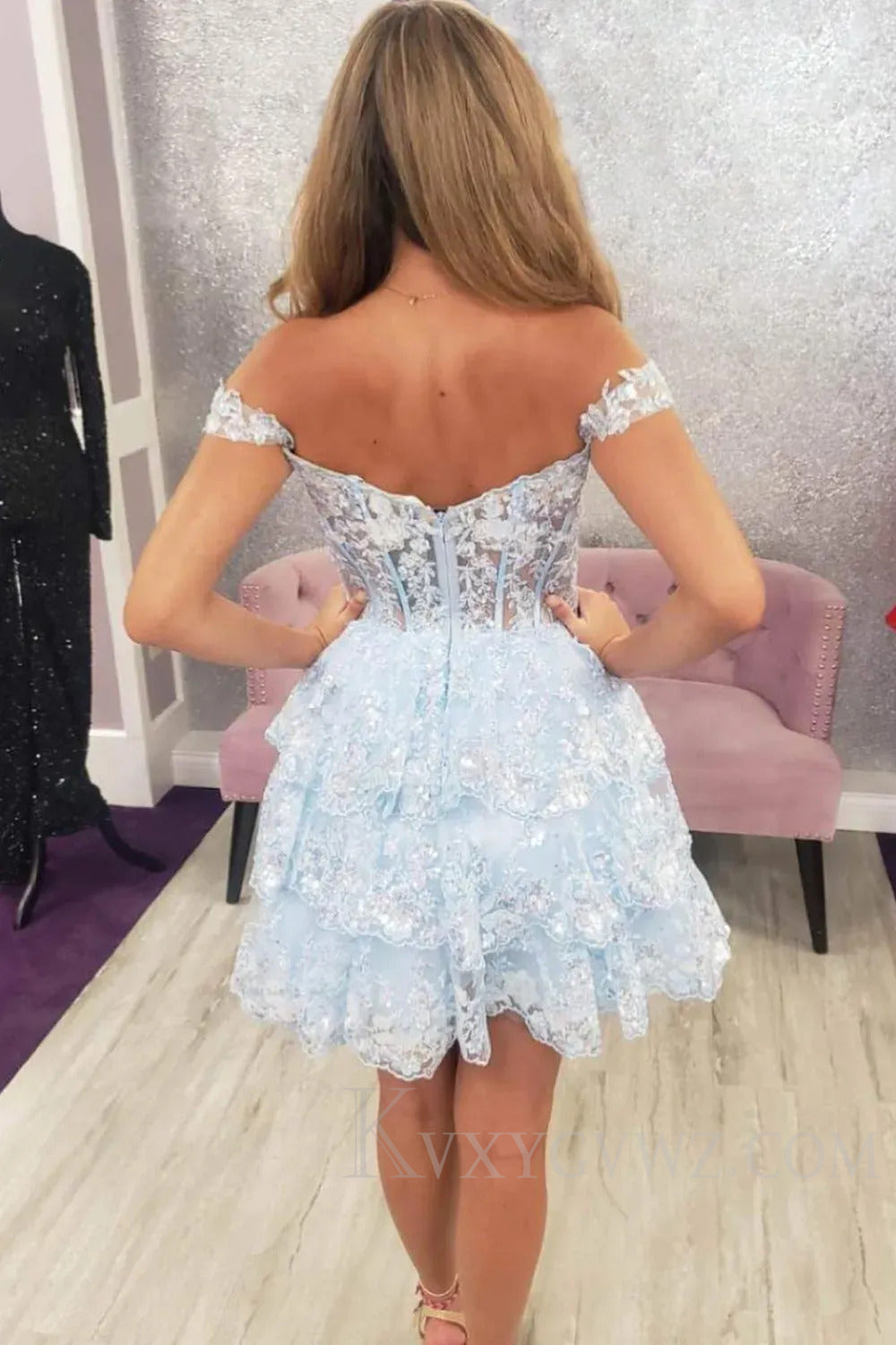 Sparkly Lilac A Line Tiered Lace Short Homecoming Prom Dress LF189