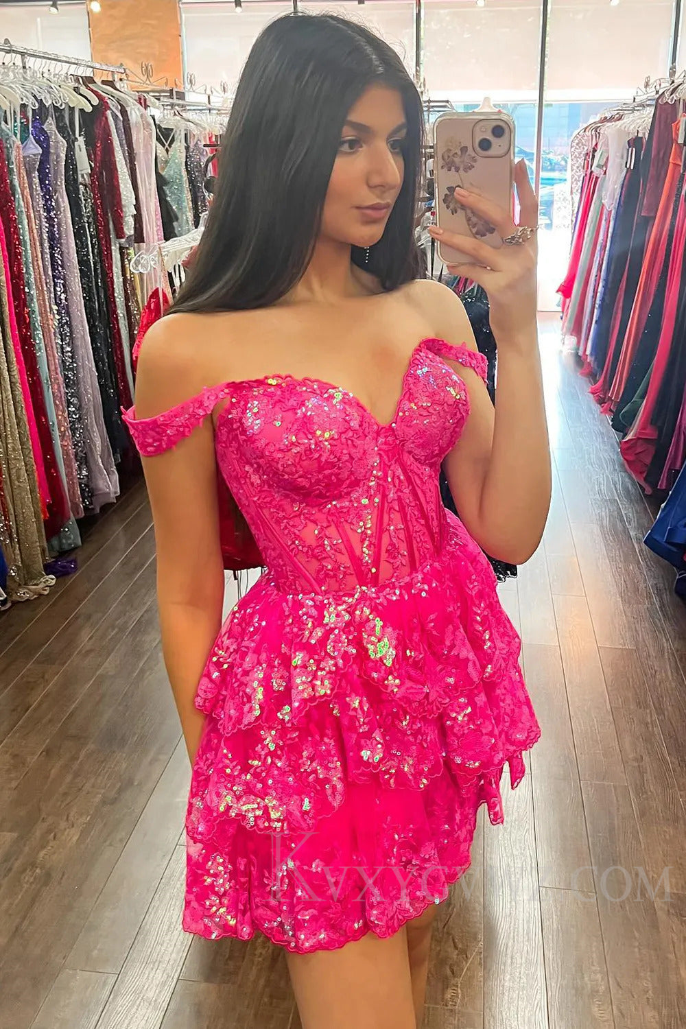 Sparkly Lilac A Line Tiered Lace Short Homecoming Prom Dress LF189