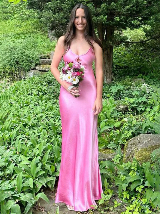 Stunging Mermaid V Neck Keyhole Pink Satin Prom Dress Gown LF1185