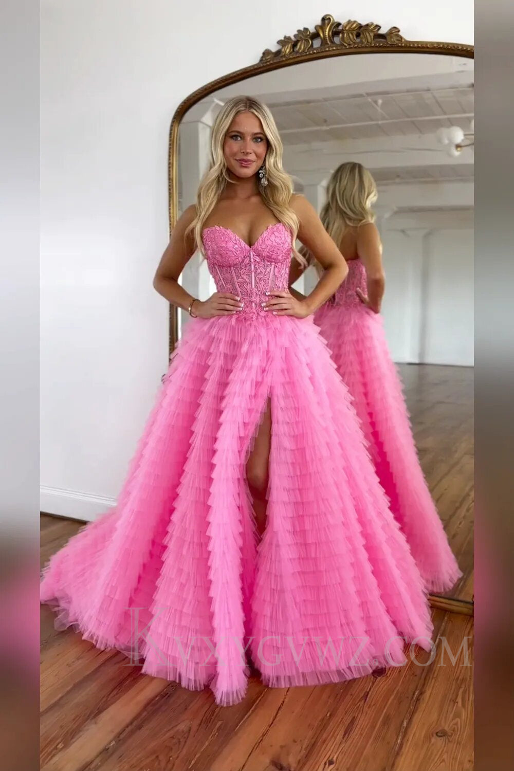 Pink Corset A-Line Sweetheart Tiered Long Prom Dress with Lace LF019