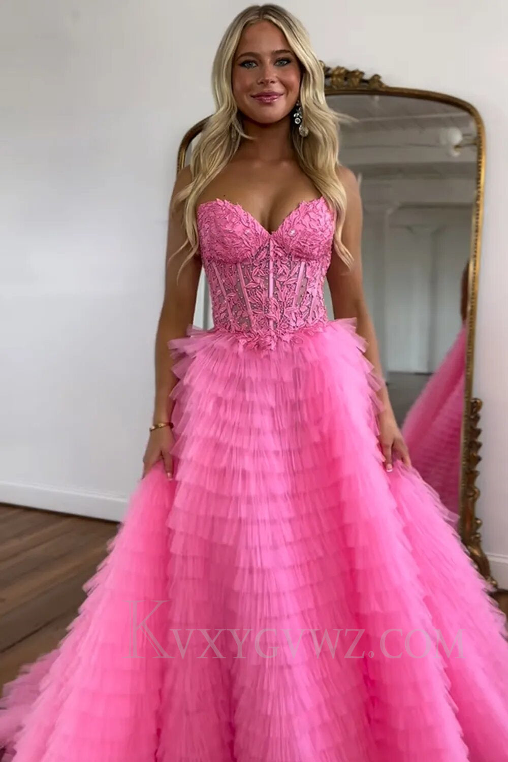 Pink Corset A-Line Sweetheart Tiered Long Prom Dress with Lace LF019