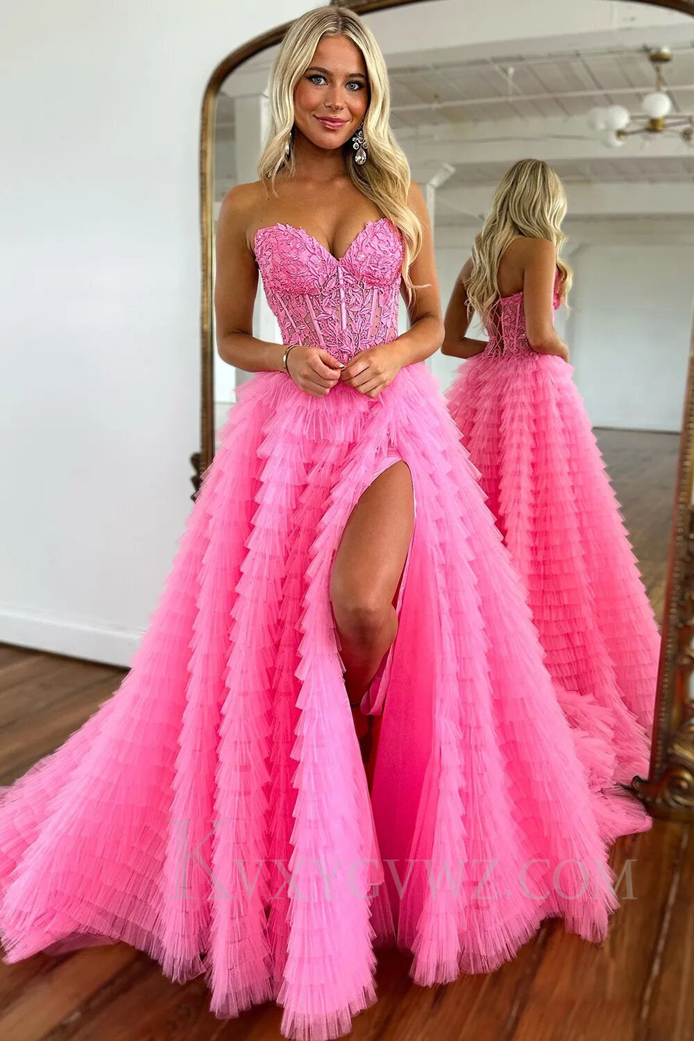 Pink Corset A-Line Sweetheart Tiered Long Prom Dress with Lace LF019