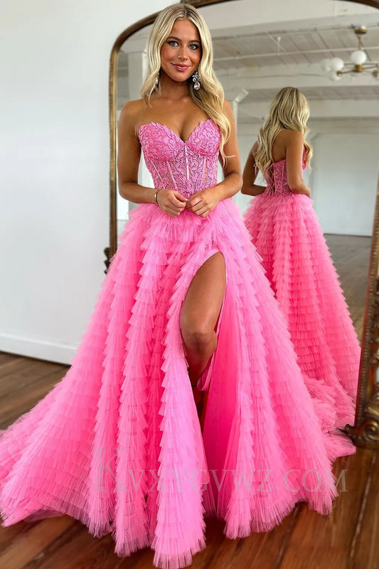 Pink Corset A-Line Sweetheart Tiered Long Prom Dress with Lace LF019