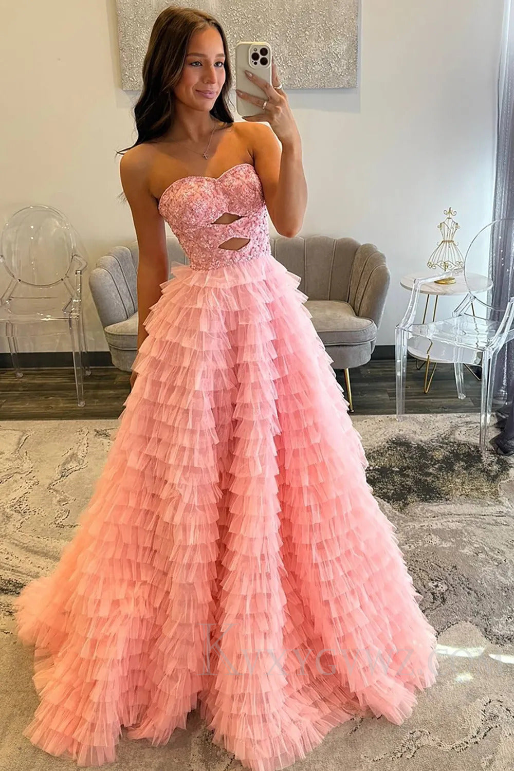 Pink Tulle A Line Ruffled Sweetheart Long Prom Dress LF190