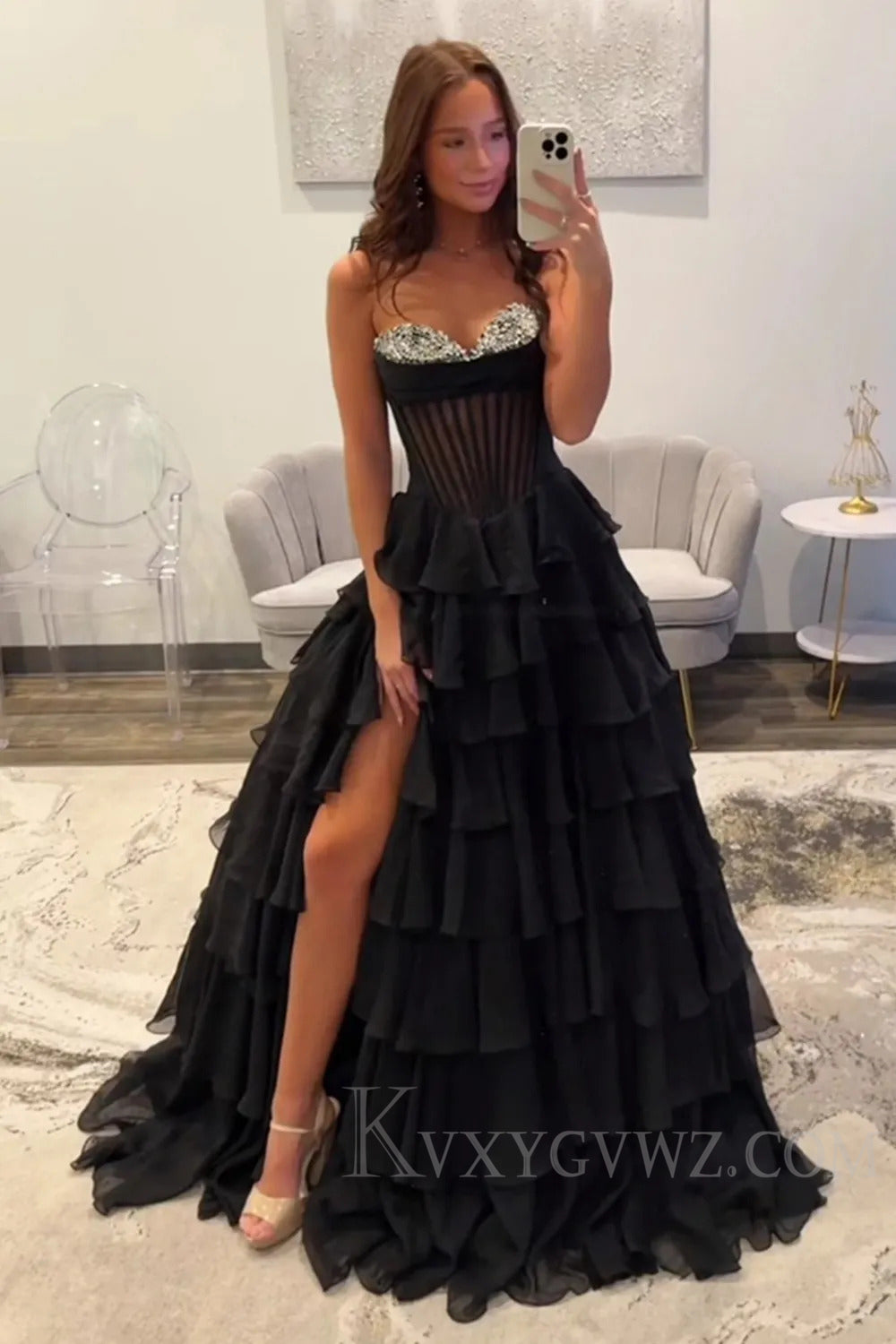 Ruffled Black A Line Corset Long Prom Dress with Beadings LF193