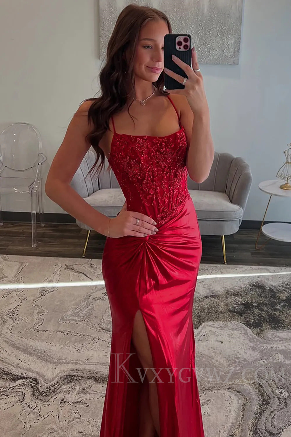 Red Spaghetti Straps Sweep Train  Long Lace Prom Dress with Appliques LF194