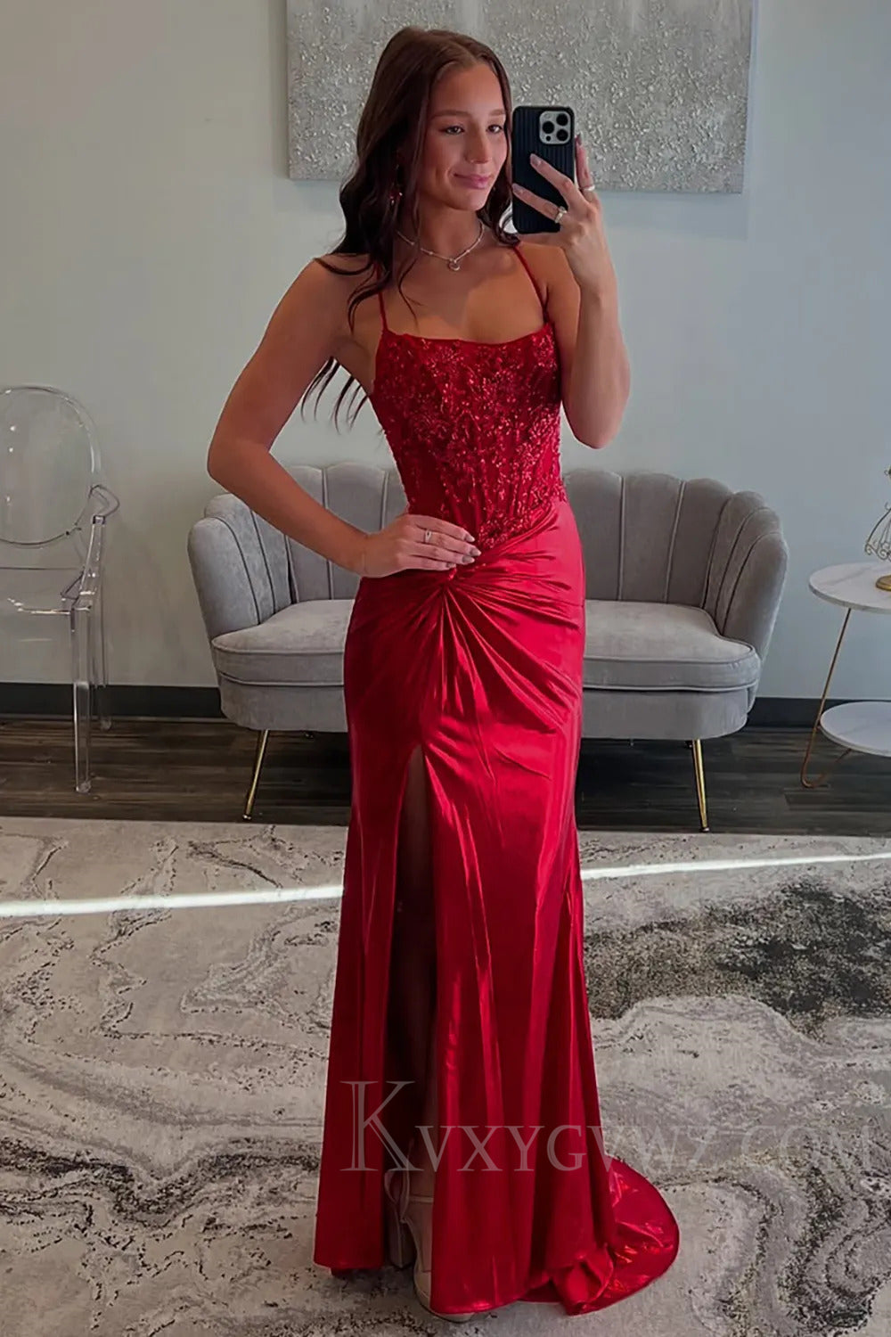 Red Spaghetti Straps Sweep Train  Long Lace Prom Dress with Appliques LF194