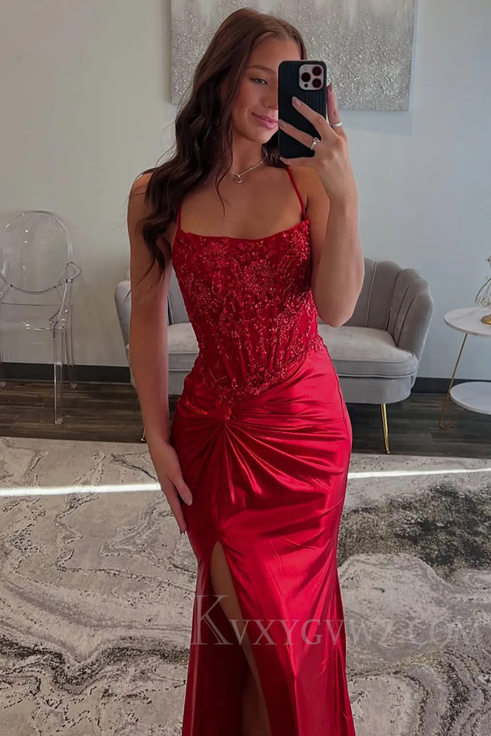 Red Spaghetti Straps Sweep Train  Long Lace Prom Dress with Appliques LF194