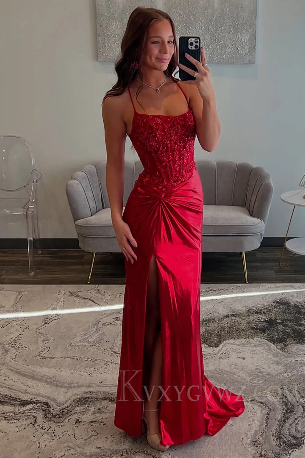 Red Spaghetti Straps Sweep Train  Long Lace Prom Dress with Appliques LF194