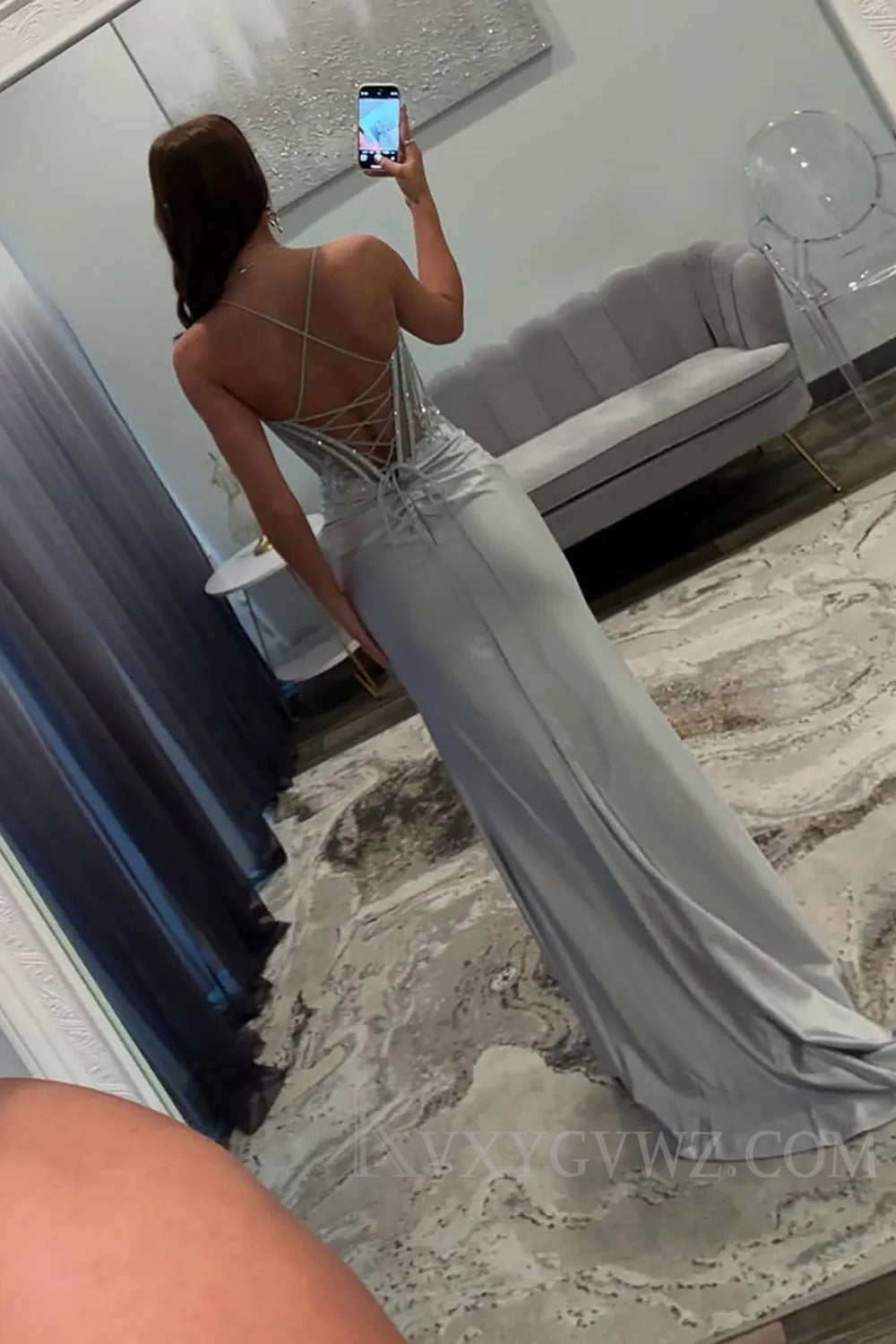Silver Sparkly Satin Corset Long Prom Dress with Slit LF196