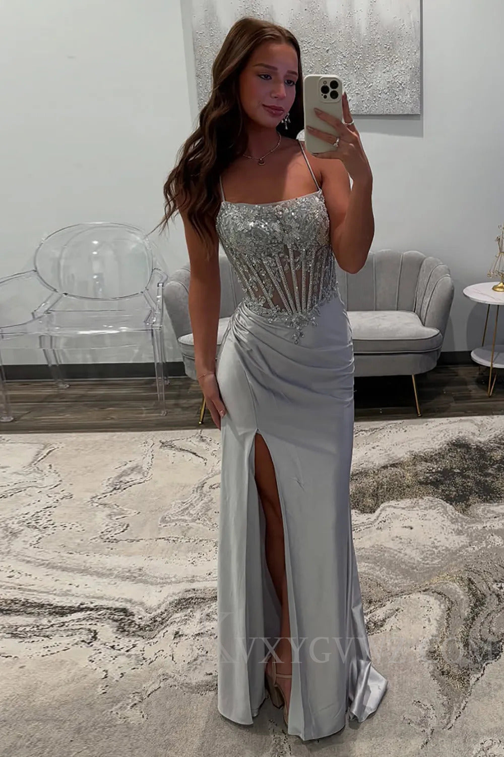 Silver Sparkly Satin Corset Long Prom Dress with Slit LF196