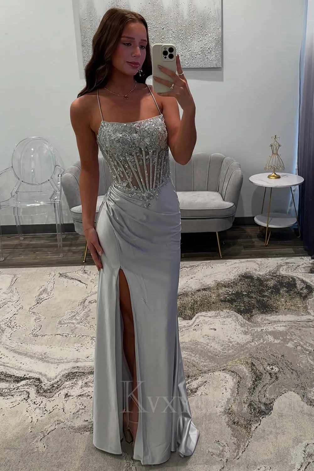 Silver Sparkly Satin Corset Long Prom Dress with Slit LF196