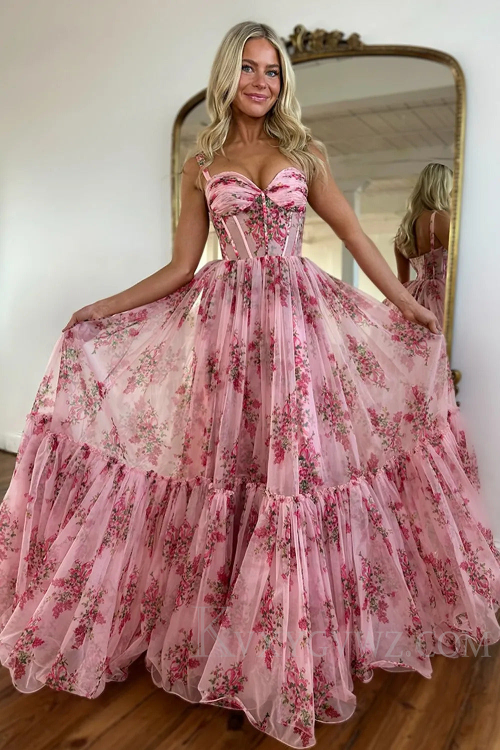 Blush Spaghetti Straps Corset A-Line Floral Long Prom Dress LF197