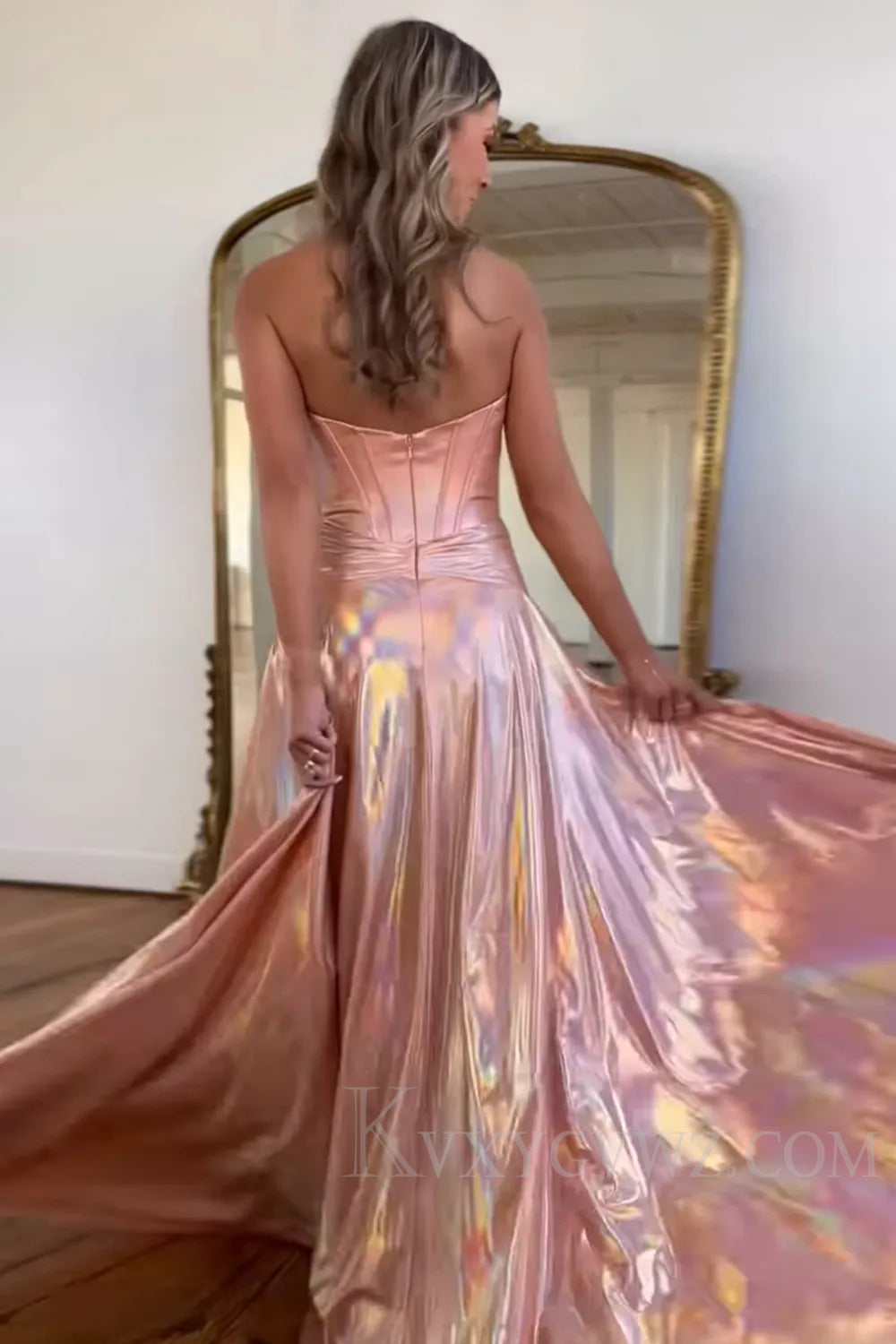Sparkly Metallic Pink Sweetheart Long Prom Dress with Slit LF198