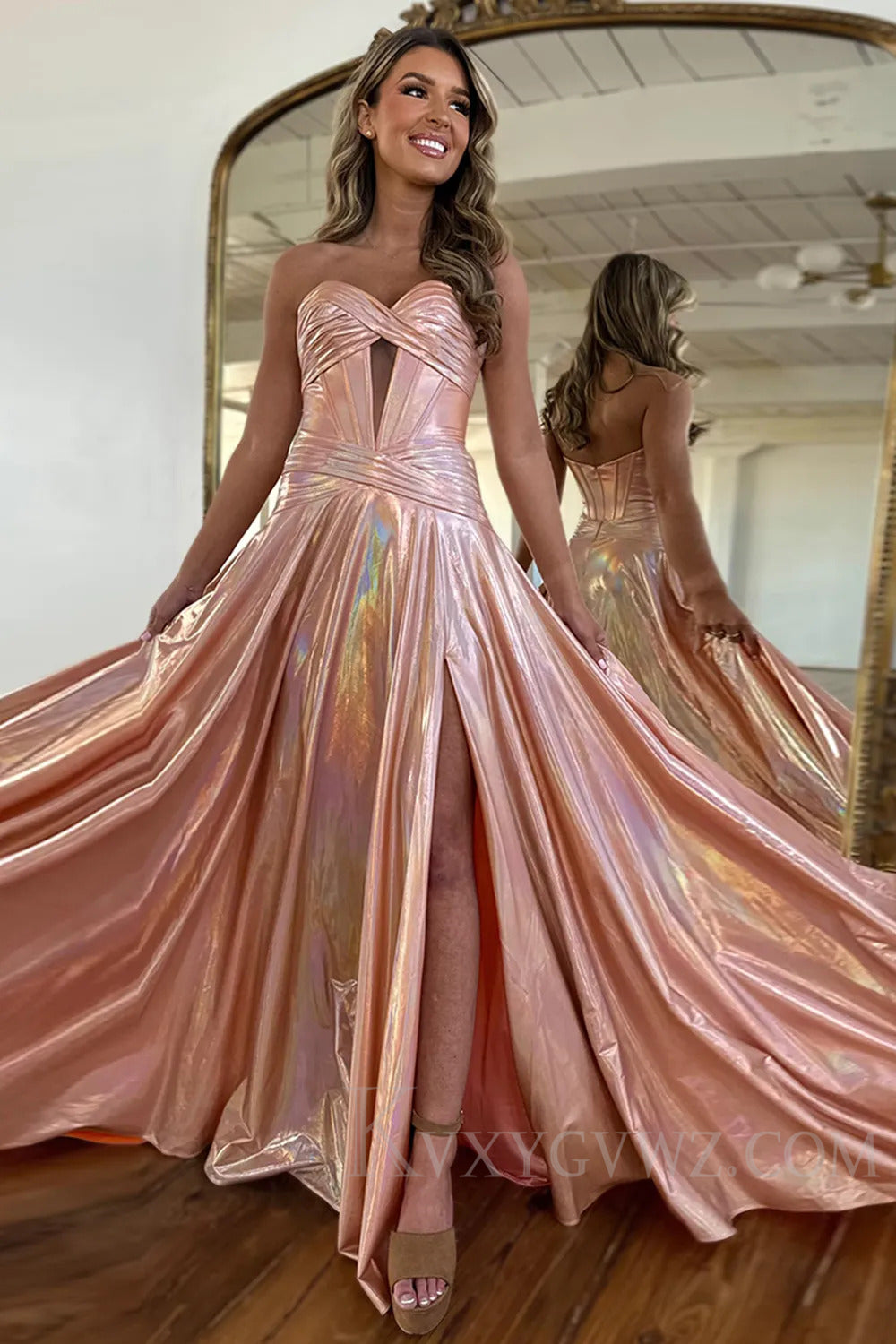 Sparkly Metallic Pink Sweetheart Long Prom Dress with Slit LF198