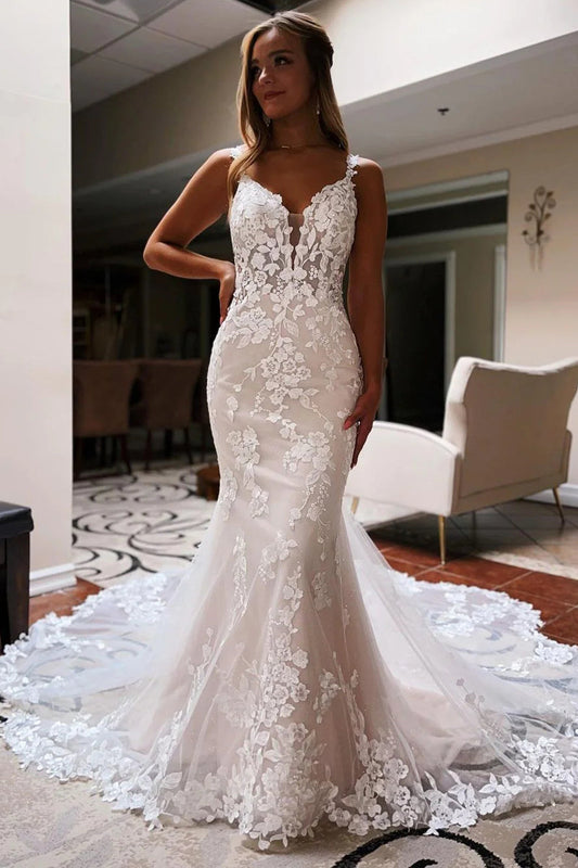 Graceful Mermaid V Neck Lace Wedding Dresses Gown with Train HS990