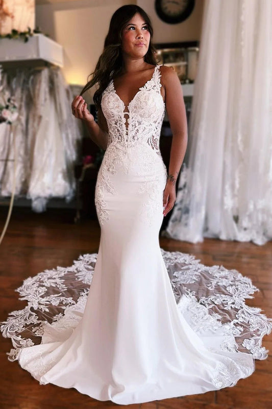 Graceful Mermaid V Neck Satin Wedding Dresses Gown with Appliques HS952